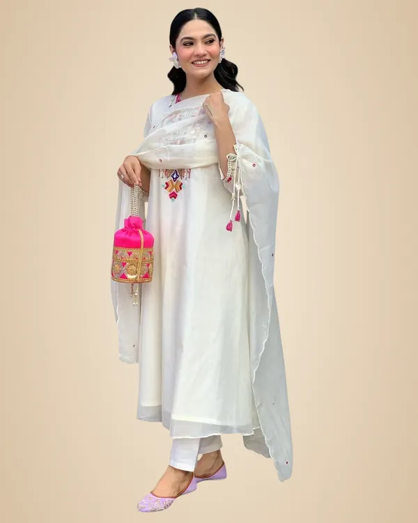 White_Cotton_Mirror_Work_Embroidered_Straight_Kurti_With_Pant_And_Dupatta_Set_For_Women