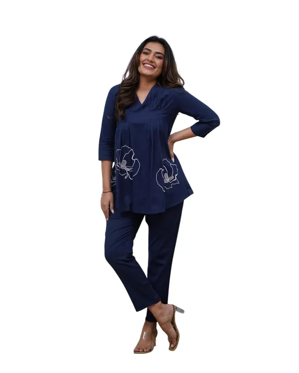 Navy_Blue_Cotton_Rose_Printed_Short_Anarkali_Kurta_With_Pant_Cord_Set_For_Women