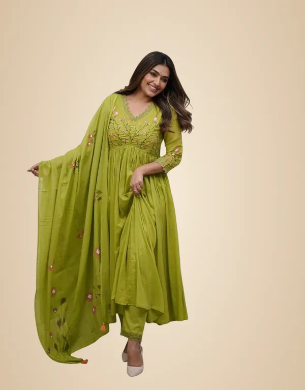 Apple_Green_Cotton_Embroidered_Long_Anarkali_Kurti_With_Pant_And_Dupatta_Set_For_Women