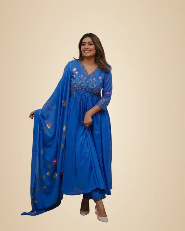 Blue_Cotton_Embroidered_Long_Anarkali_Kurti_With_Pant_And_Dupatta_Set_For_Women