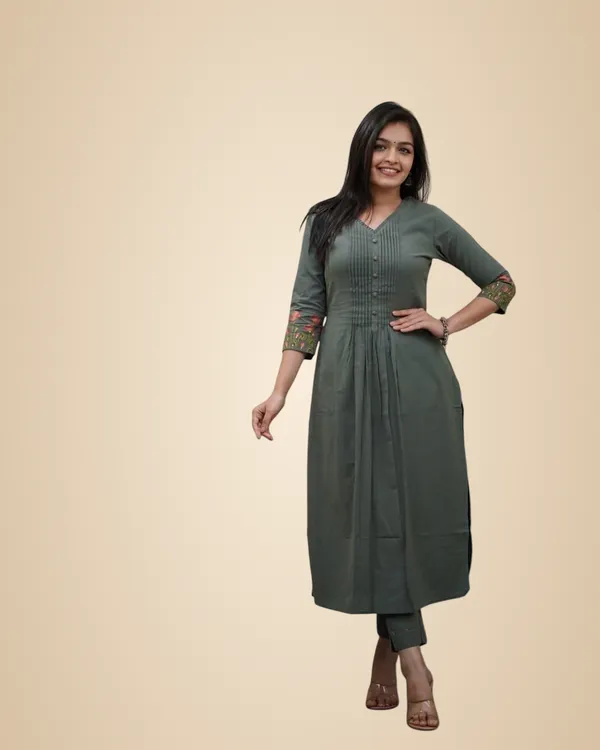 Army_Green_Cotton_Printed_Flared_Straight_Kurti_With_Pant_And_Dupatta_Set_For_Women