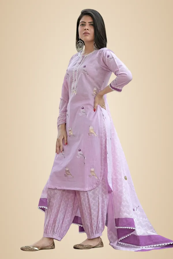 Light_Purple_Cotton_Embroidered_Straight_Kurti_With_Pant_And_Dupatta_Set_For_Women