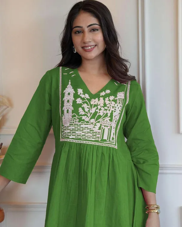 Green_Cotton_Embroidered_Short_Anarkali_Kurti_With_Pant_For_Women