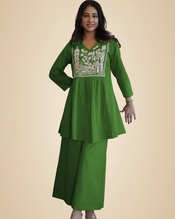 Green_Cotton_Embroidered_Short_Anarkali_Kurti_With_Pant_For_Women