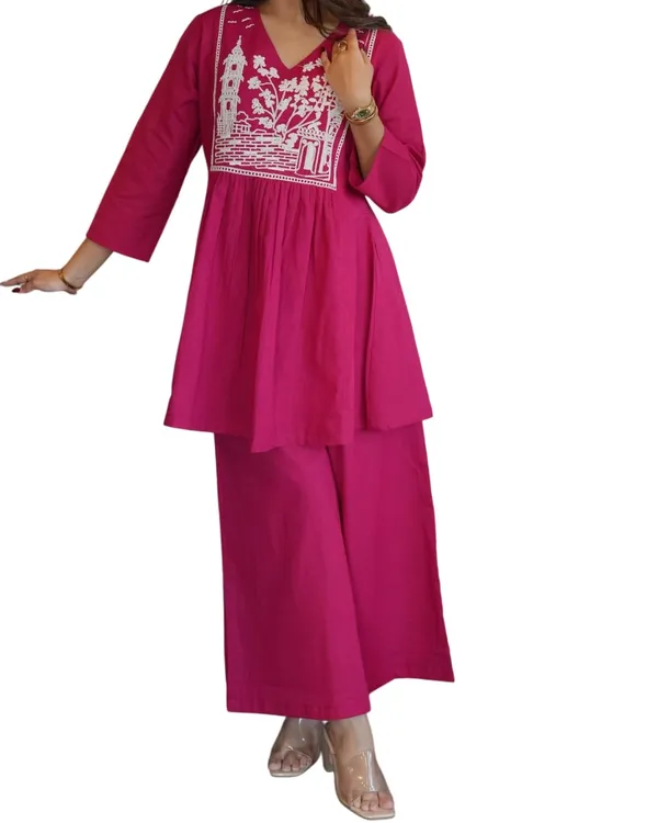 Pink_Cotton_Embroidered_Short_Anarkali_Kurti_With_Pant_For_Women
