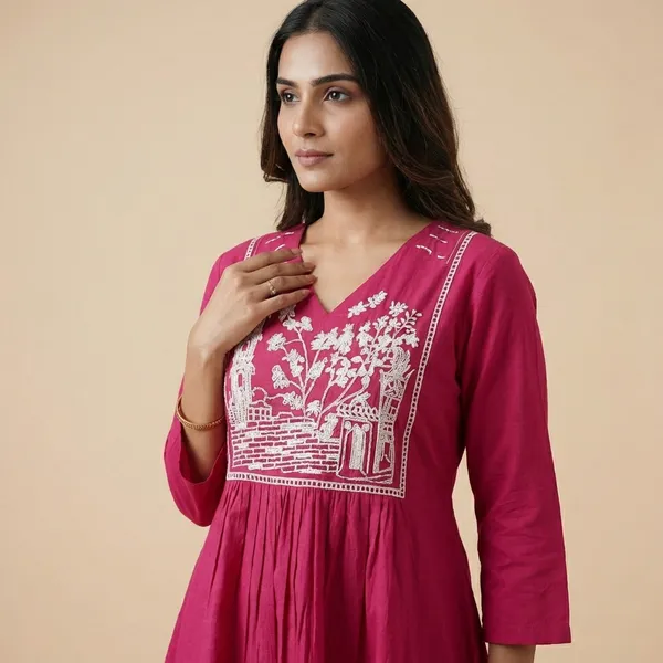 Pink_Cotton_Embroidered_Short_Anarkali_Kurti_With_Pant_For_Women
