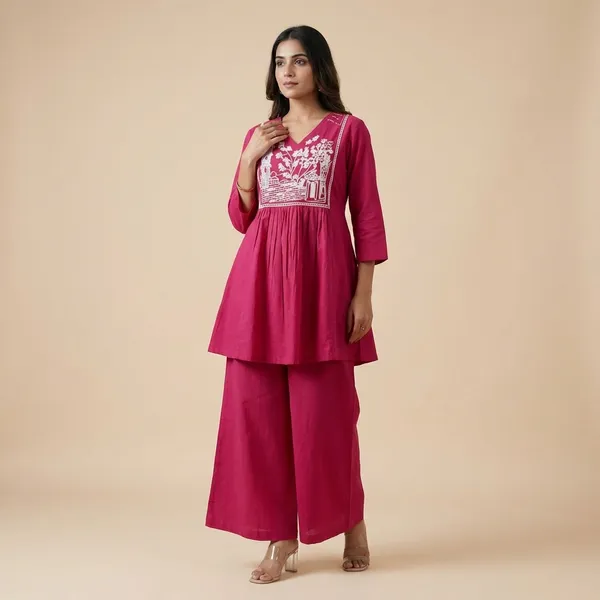 Pink_Cotton_Embroidered_Short_Anarkali_Kurti_With_Pant_For_Women