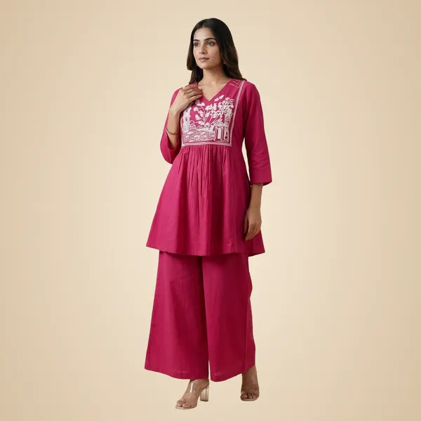 Pink_Cotton_Embroidered_Short_Anarkali_Kurti_With_Pant_For_Women