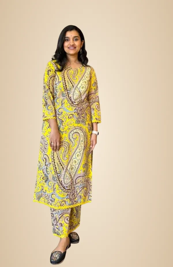 Yellow_Cotton_Printed_Straight_Kurti_With_Pant_Two_Piece_Co-Ord_Set_For_Women