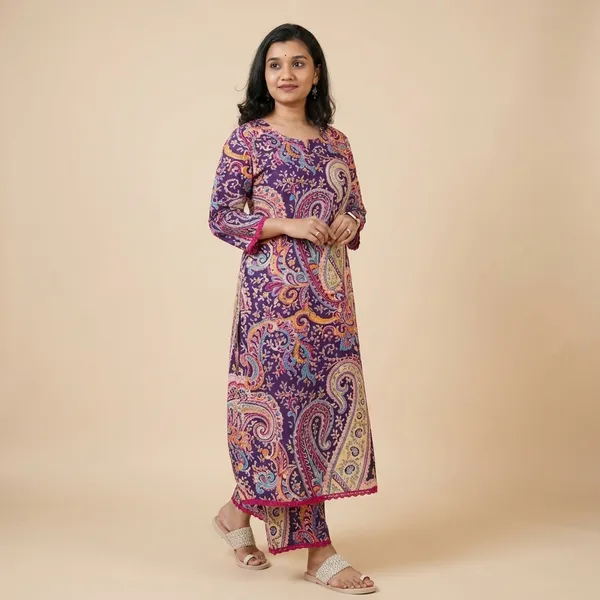 Multicolour_Cotton_Printed_Straight_Kurti_With_Pant_Two_Piece_Co-Ord_Set_For_Women