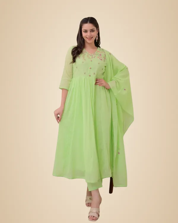 Pear_Green_Cotton_Embroidered_Anarkali_Kurti_With_Pant_And_Dupatta_Set_For_Women