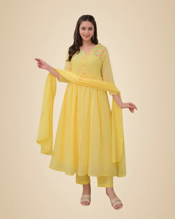 Yellow_Cotton_Embroidered_Anarkali_Kurti_With_Pant_And_Dupatta_Set_For_Women