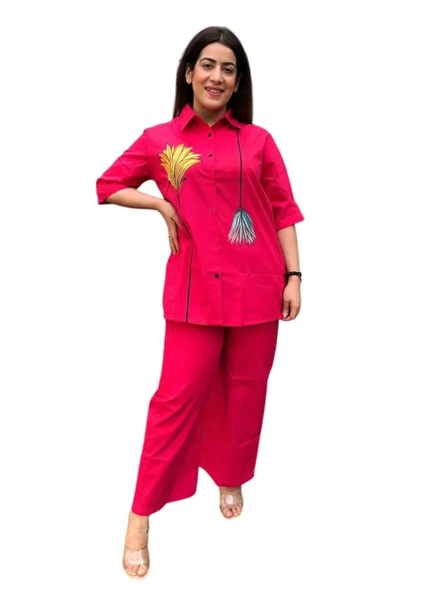 Red_Cotton_Floral_Printed_Straight_Short_Shirt_Kurti_With_Pant_For_Women
