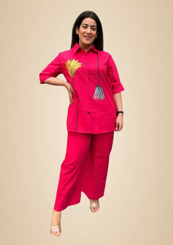 Red_Cotton_Floral_Printed_Straight_Short_Shirt_Kurti_With_Pant_For_Women