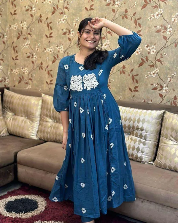 Blue_Cotton_Printed_Long_Anarkali_Kurti_With_Pant_For_Women
