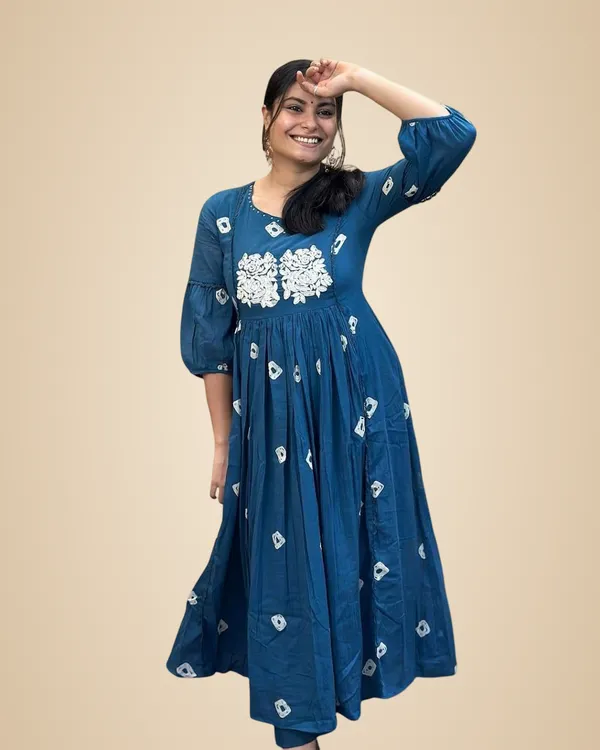 Blue_Cotton_Printed_Long_Anarkali_Kurti_With_Pant_For_Women