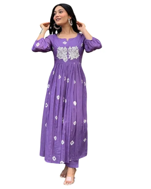 Purple_Cotton_Printed_Long_Anarkali_Kurti_With_Pant_For_Women