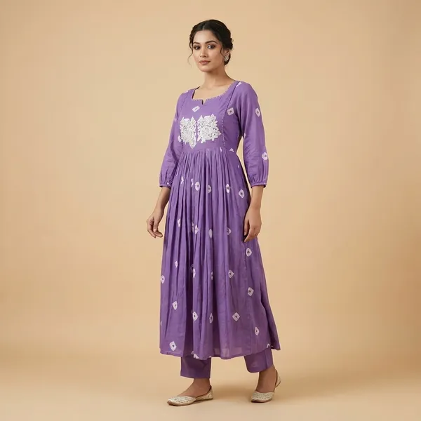 Purple_Cotton_Printed_Long_Anarkali_Kurti_With_Pant_For_Women