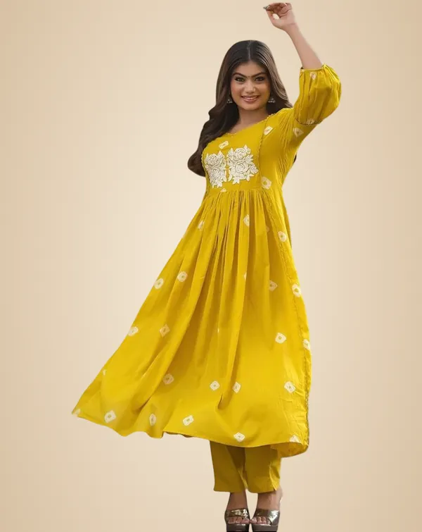 Yellow_Cotton_Printed_Long_Anarkali_Kurti_With_Pant_For_Women