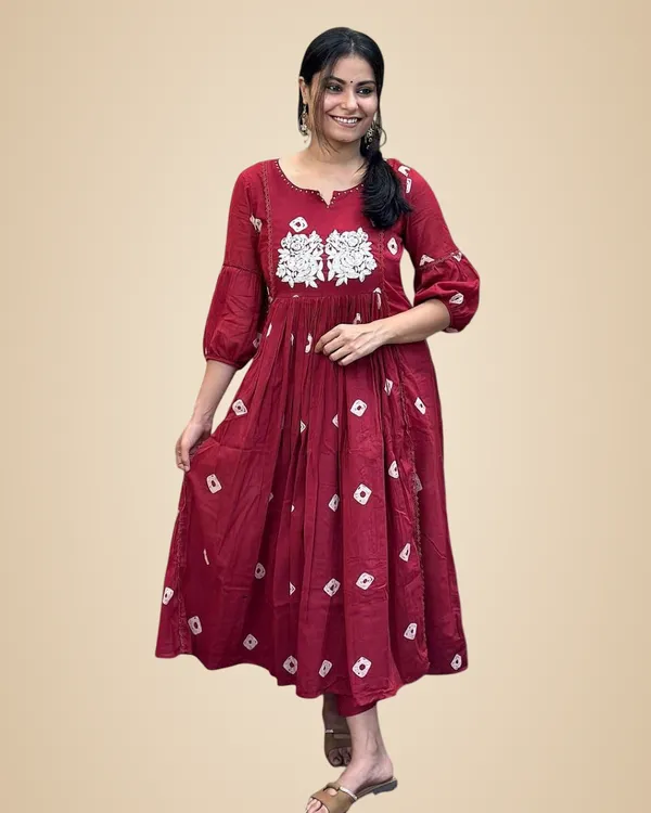 Maroon_Cotton_Printed_Long_Anarkali_Kurti_With_Pant_For_Women