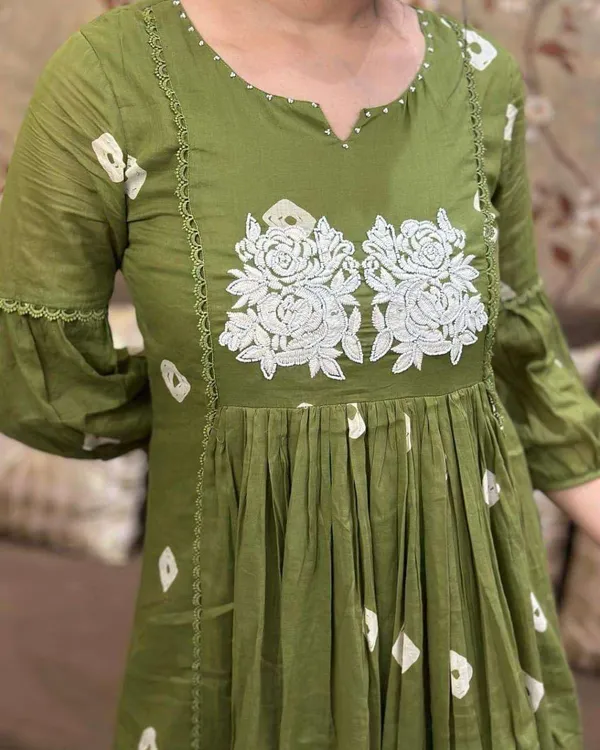 Mehndi_Cotton_Printed_Long_Anarkali_Kurti_With_Pant_For_Women
