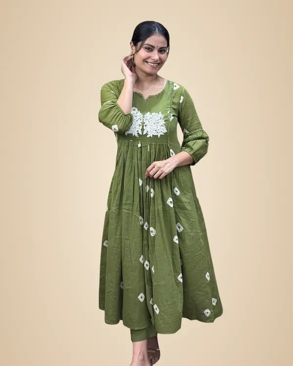 Mehndi_Cotton_Printed_Long_Anarkali_Kurti_With_Pant_For_Women