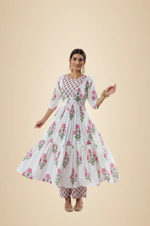White_Cotton_Floral_Printed_Long_Anarkali_Kurti_With_Pant_And_Dupatta_For_Women