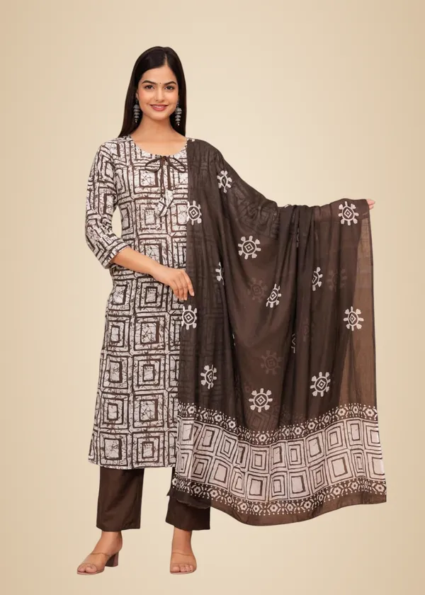 Brown_Cotton_Hand_Block_Printed_Straight_Kurti_With_Pant_And_Printed_Dupatta_For_Women