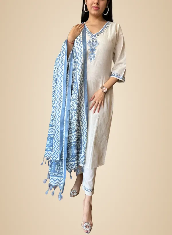 White_Cotton_Embroidered_Straight_Kurti_With_Pant_And_Printed_Dupatta_Set_For_Women