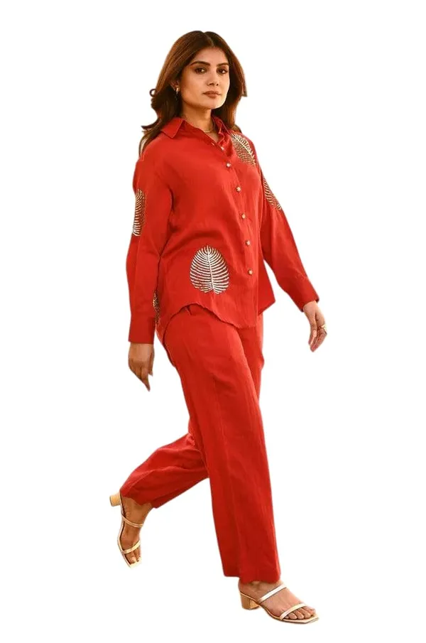 Red_Cotton_Tunic_&_Straight_Office_Wear_Collar-Neck_Full_Sleeves_Western_Cord_Set_For_Women