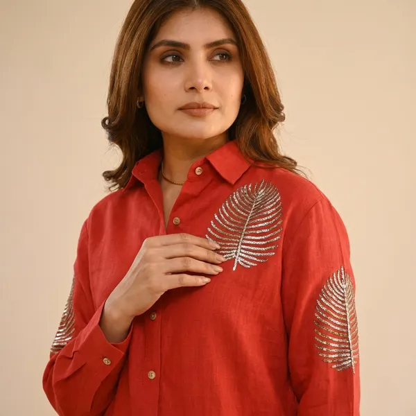 Red_Cotton_Tunic_&_Straight_Office_Wear_Collar-Neck_Full_Sleeves_Western_Cord_Set_For_Women