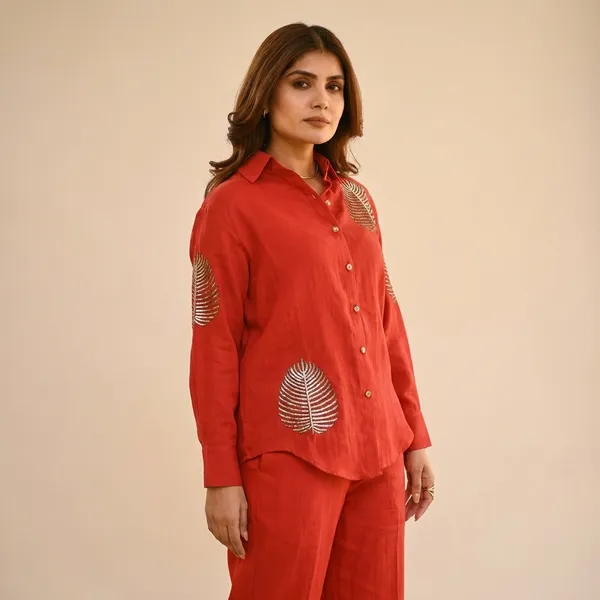Red_Cotton_Tunic_&_Straight_Office_Wear_Collar-Neck_Full_Sleeves_Western_Cord_Set_For_Women