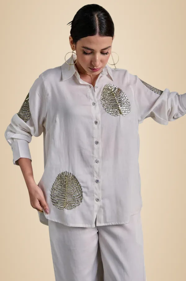 White_Cotton_Tunic_&_Straight_Office_Wear_Collar-Neck_Full_Sleeves_Suit_Trouser_And_Top_Set_Western_Cord_Set_For_Women