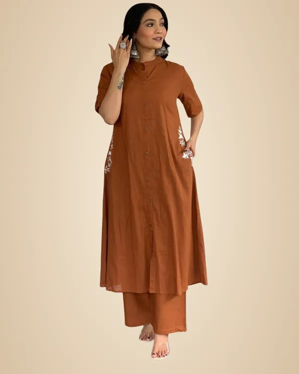 Brown_Cotton_Embroidered_Long_A-Linen_Kurti_With_Palazzo_For_Women
