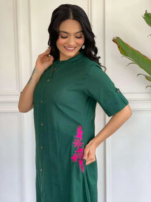 Green_Cotton_Embroidered_Long_A-Linen_Kurti_With_Palazzo_For_Women