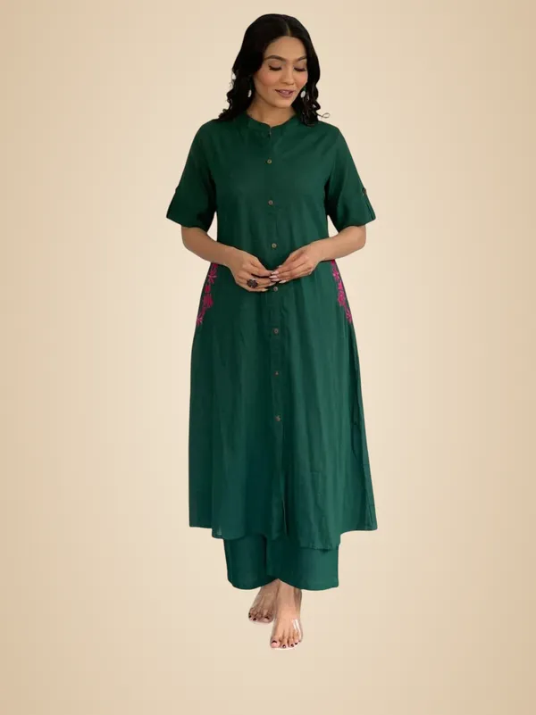 Green_Cotton_Embroidered_Long_A-Linen_Kurti_With_Palazzo_For_Women