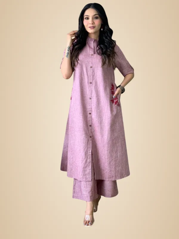 Lavender_Cotton_Embroidered_Long_A-Linen_Kurti_With_Palazzo_For_Women