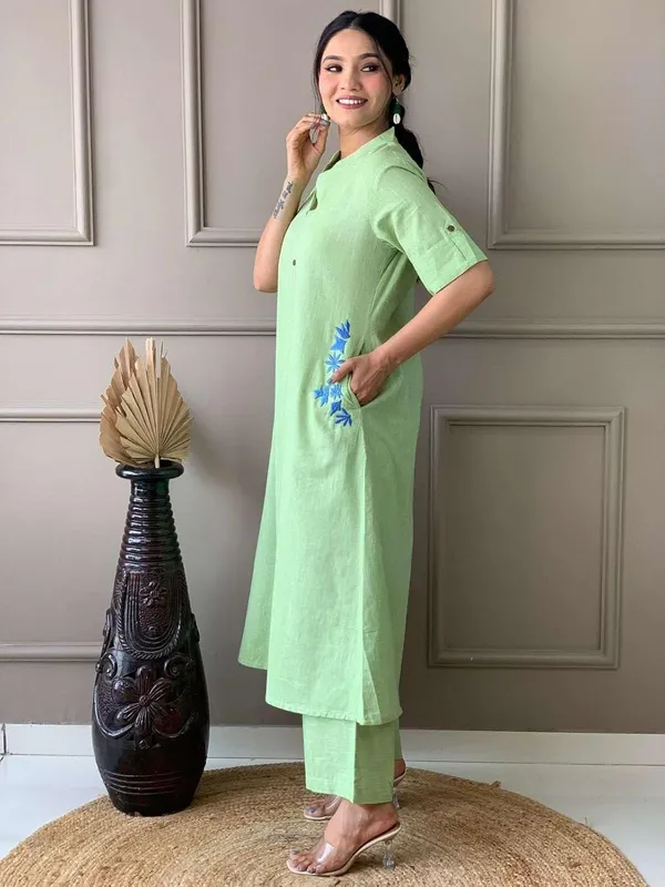 Mint_Green_Cotton_Embroidered_Long_A-Linen_Kurti_With_Palazzo_For_Women