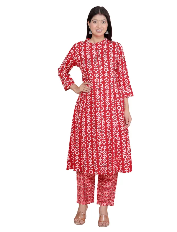 Red_Rayon_Floral_Printed_Mandarin_Collar_A-Linen_Kurti_With_Trousers_For_Women