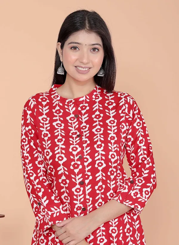 Red_Rayon_Floral_Printed_Mandarin_Collar_A-Linen_Kurti_With_Trousers_For_Women