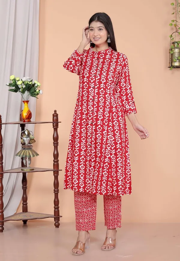 Red_Rayon_Floral_Printed_Mandarin_Collar_A-Linen_Kurti_With_Trousers_For_Women