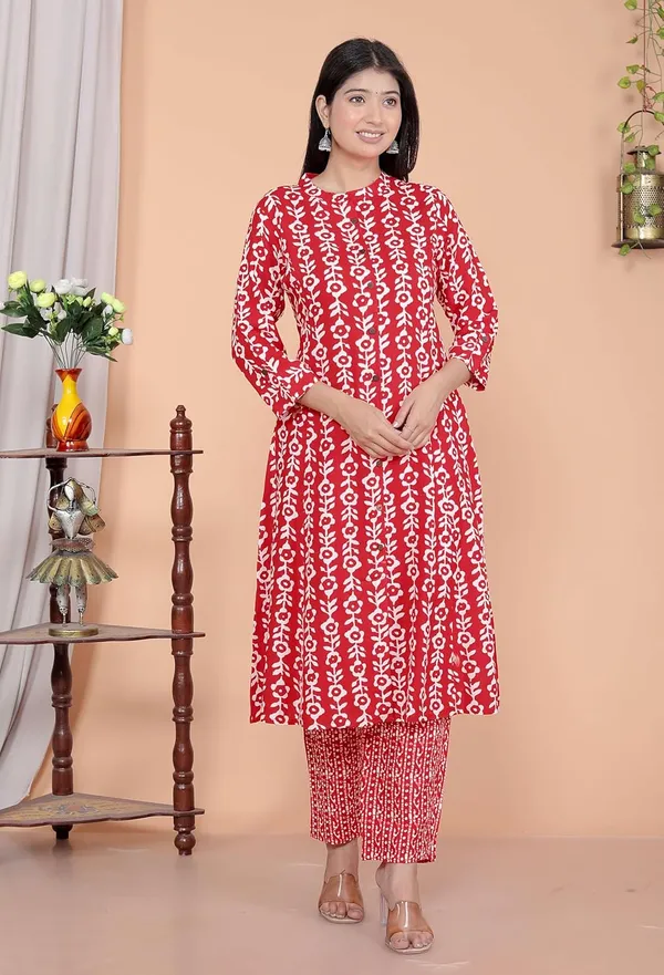 Red_Rayon_Floral_Printed_Mandarin_Collar_A-Linen_Kurti_With_Trousers_For_Women
