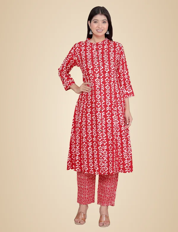 Red_Rayon_Floral_Printed_Mandarin_Collar_A-Linen_Kurti_With_Trousers_For_Women