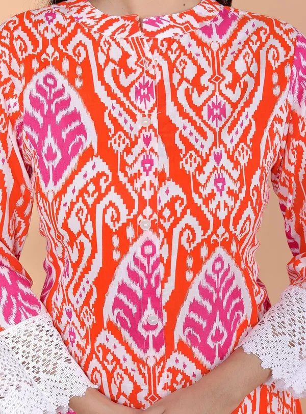 Orange_Cotton_Printed_Mandarin_Collar_A-Linen_Kurti_With_Pant_For_Women