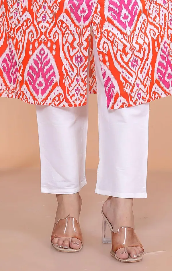 Orange_Cotton_Printed_Mandarin_Collar_A-Linen_Kurti_With_Pant_For_Women