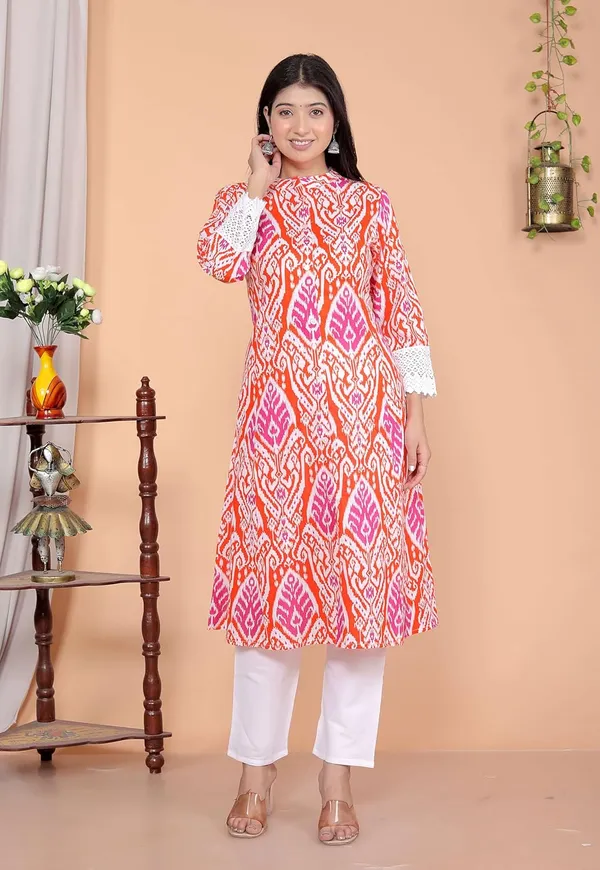Orange_Cotton_Printed_Mandarin_Collar_A-Linen_Kurti_With_Pant_For_Women