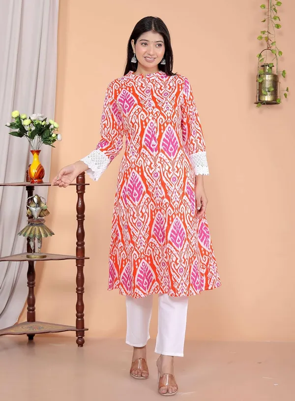 Orange_Cotton_Printed_Mandarin_Collar_A-Linen_Kurti_With_Pant_For_Women