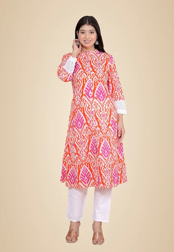 Orange_Cotton_Printed_Mandarin_Collar_A-Linen_Kurti_With_Pant_For_Women