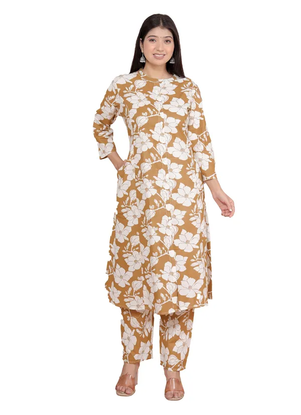 Brown_Cotton_Floral_Printed_Mandarin_Collar_A-Linen_Kurti_With_Pant_For_Women