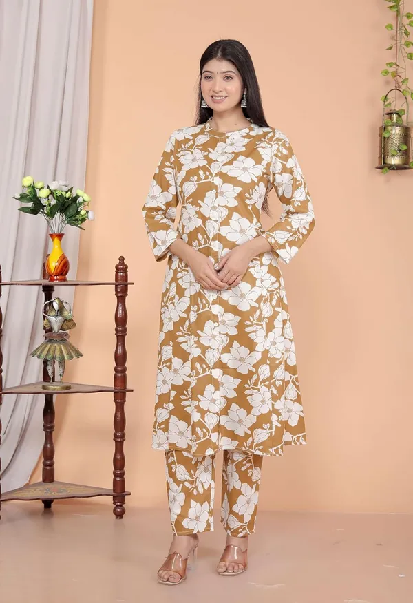 Brown_Cotton_Floral_Printed_Mandarin_Collar_A-Linen_Kurti_With_Pant_For_Women